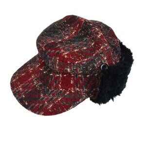 Woolrich Womens OS Red Black/Grey Plaid Faux Fur Billed Winter/Fall Warm Cap Hat